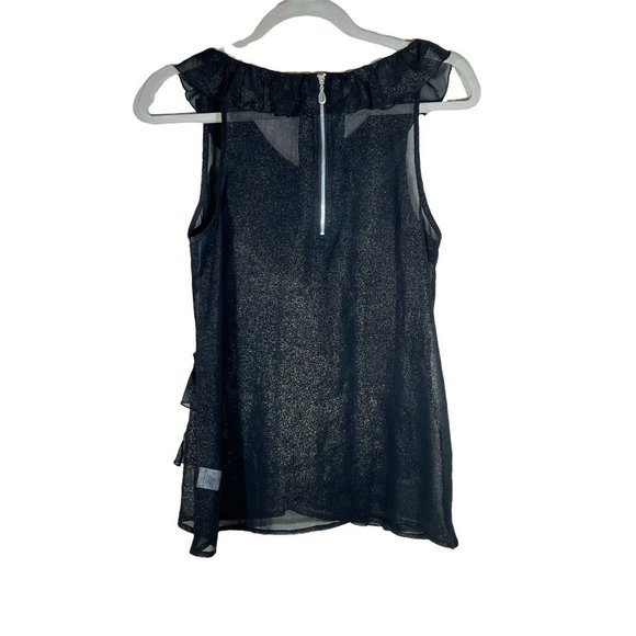 Romeo and Juliet Couture Sheer Sleeveless Blouse Ruffles Black Gold Shimmer Sz S - Picture 2 of 8